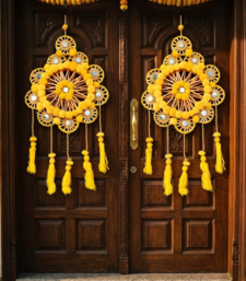 traditional yellow pom-pom decorative hanging with golden beads for door wall festive home decoration