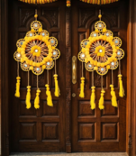 traditional yellow pom-pom decorative hanging with golden beads for door wall festive home decoration