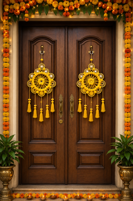 traditional yellow pom-pom decorative hanging with golden beads for door wall festive home decoration 2