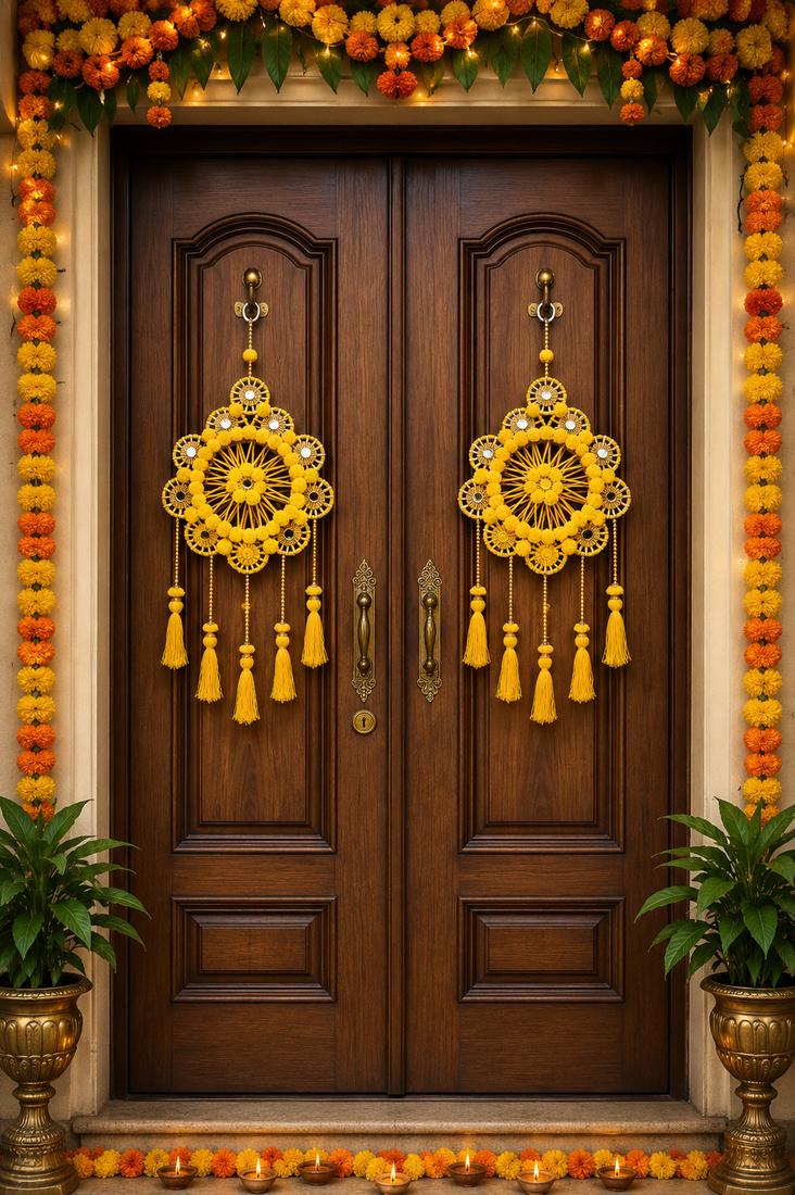 traditional yellow pom-pom decorative hanging with golden beads for door wall festive home decoration