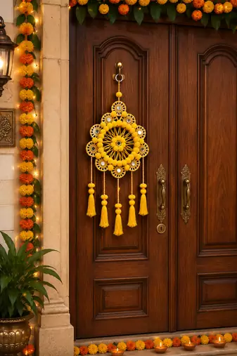 traditional yellow pom-pom decorative hanging with golden beads for door wall festive home decoration