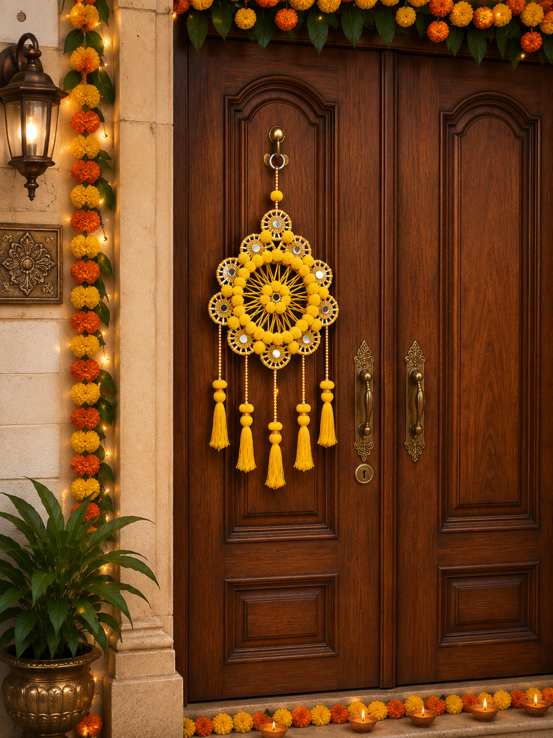 traditional yellow pom-pom decorative hanging with golden beads for door wall festive home decoration