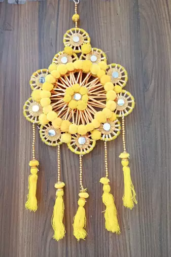 traditional yellow pom-pom decorative hanging with golden beads for door wall festive home decoration