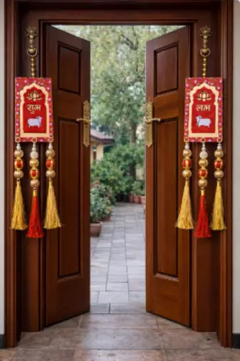 traditional shubh labh cow lotus decorative hanging for diwali pooja home decoration pack of 2