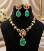 Gold plated green emerald style kundan necklace set with teardrop pendant & matching earrings  jewellery set
