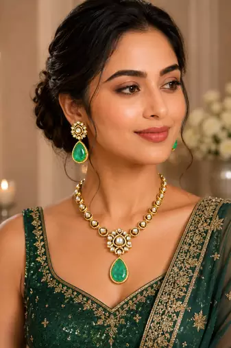 Gold plated green emerald style kundan necklace set with teardrop pendant & matching earrings  jewellery set