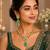 Gold plated green emerald style kundan necklace set with teardrop pendant & matching earrings  jewellery set