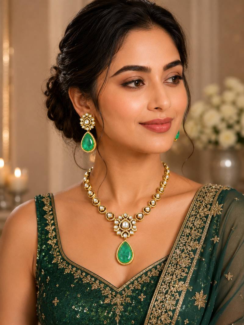 Gold plated green emerald style kundan necklace set with teardrop pendant & matching earrings  jewellery set