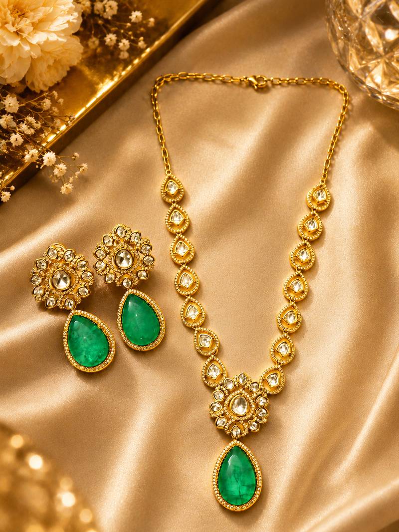 Gold plated green emerald style kundan necklace set with teardrop pendant & matching earrings  jewellery set