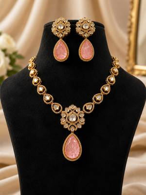 Elegant pink stone kundan style necklace set with matching earrings | gold tone bridal jewellery 1