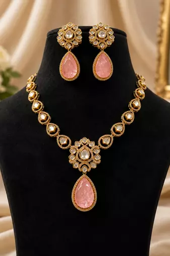 Elegant pink stone kundan style necklace set with matching earrings | gold tone bridal jewellery