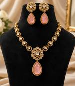 Elegant pink stone kundan style necklace set with matching earrings | gold tone bridal jewellery