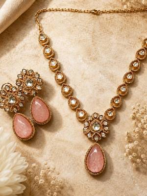 Elegant pink stone kundan style necklace set with matching earrings | gold tone bridal jewellery 2