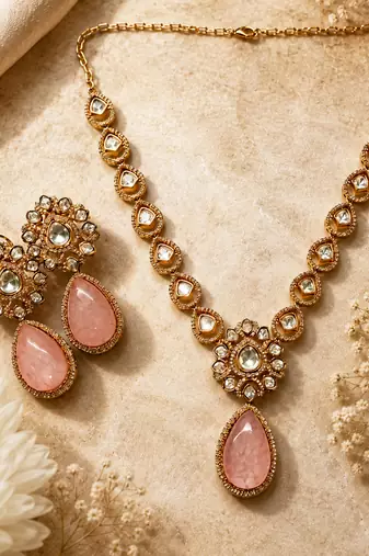 Elegant pink stone kundan style necklace set with matching earrings | gold tone bridal jewellery