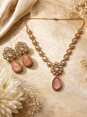Elegant pink stone kundan style necklace set with matching earrings | gold tone bridal jewellery 3