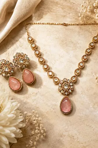 Elegant pink stone kundan style necklace set with matching earrings | gold tone bridal jewellery