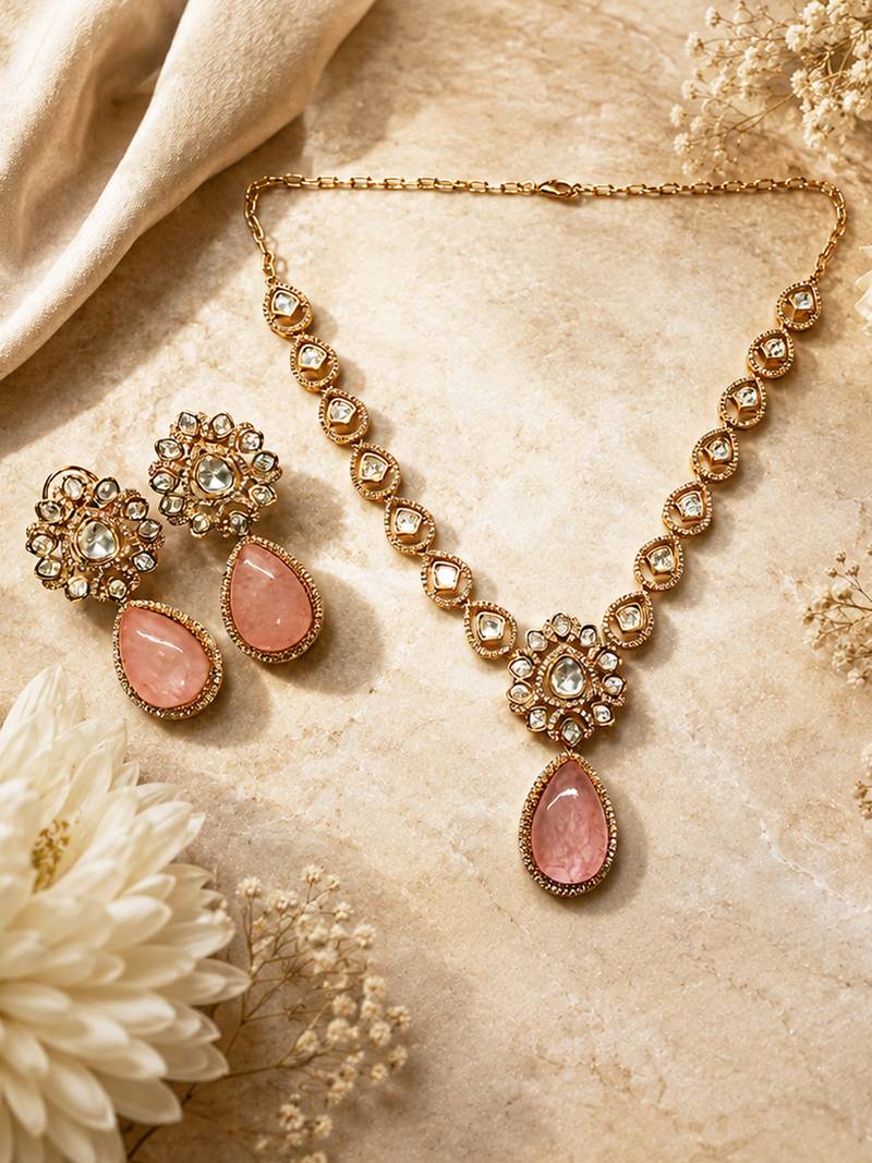 Elegant pink stone kundan style necklace set with matching earrings | gold tone bridal jewellery