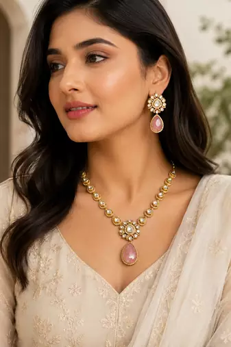 Elegant pink stone kundan style necklace set with matching earrings | gold tone bridal jewellery