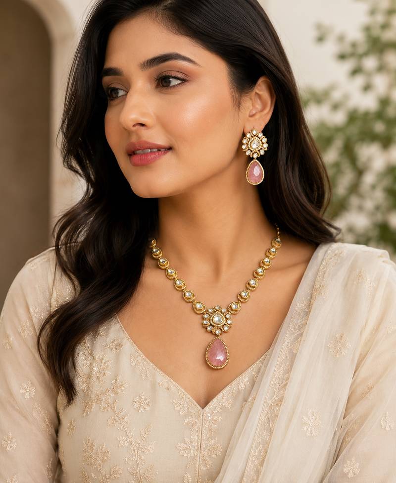 Elegant pink stone kundan style necklace set with matching earrings | gold tone bridal jewellery