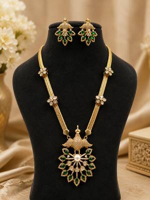 Elegant green kundan style long necklace set with peacock pendant & matching earrings 1
