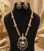 Elegant green kundan style long necklace set with peacock pendant & matching earrings