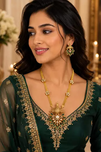 Elegant green kundan style long necklace set with peacock pendant & matching earrings