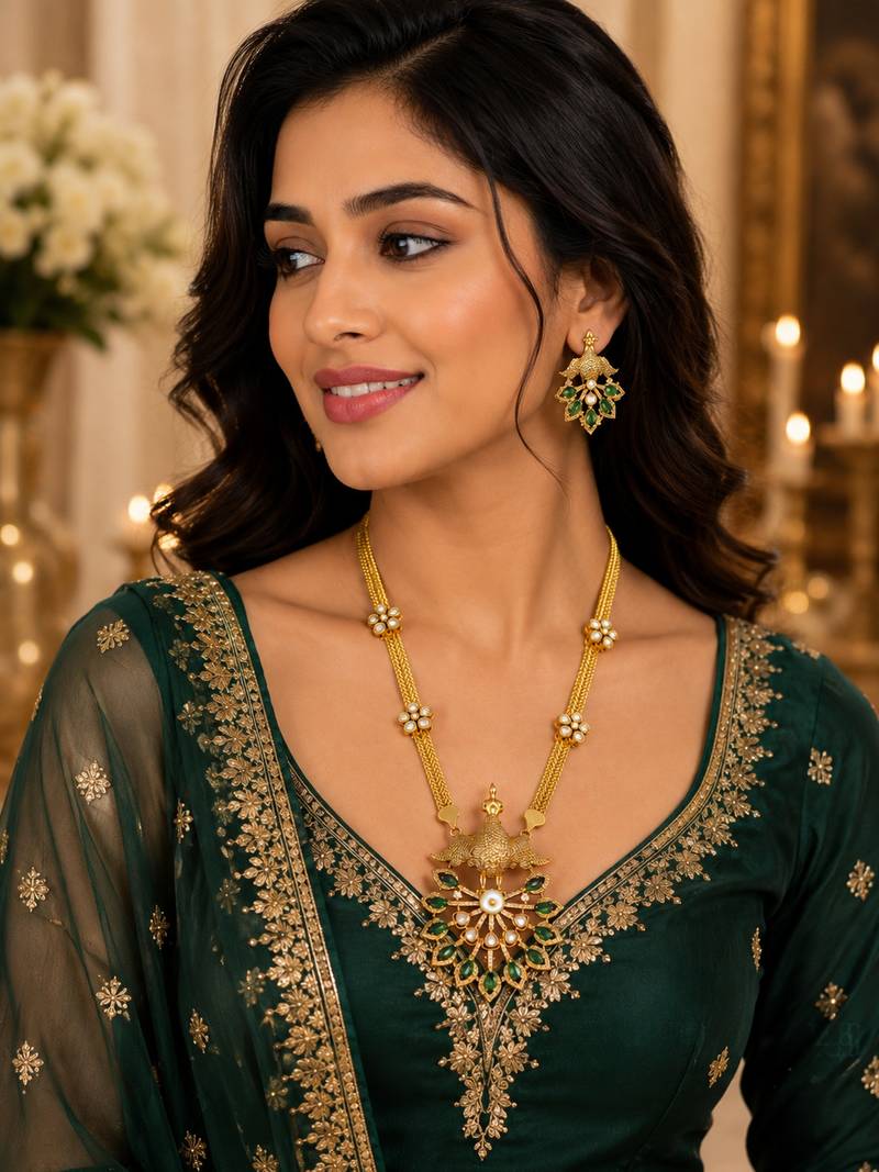 Elegant green kundan style long necklace set with peacock pendant & matching earrings