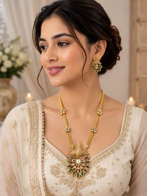 Elegant green kundan style long necklace set with peacock pendant & matching earrings 4