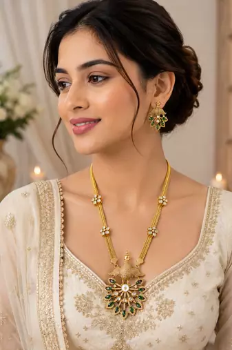 Elegant green kundan style long necklace set with peacock pendant & matching earrings
