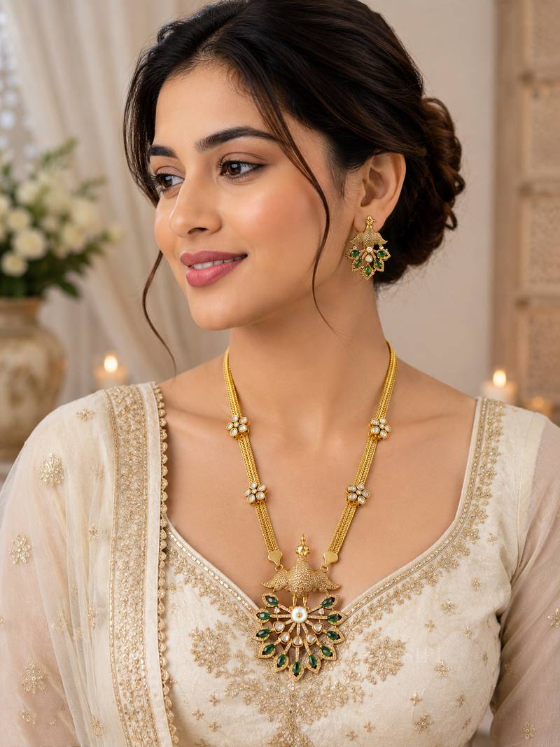 Elegant green kundan style long necklace set with peacock pendant & matching earrings