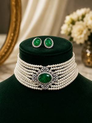 Green emerald style pearl choker necklace set with matching stud earrings, white  jewellery set 1