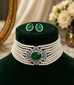 Green emerald style pearl choker necklace set with matching stud earrings, white  jewellery set