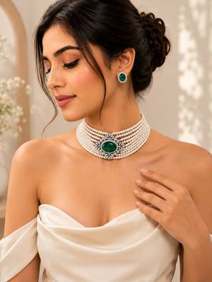 Green emerald style pearl choker necklace set with matching stud earrings, white  jewellery set 2