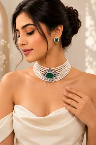 Green emerald style pearl choker necklace set with matching stud earrings, white  jewellery set