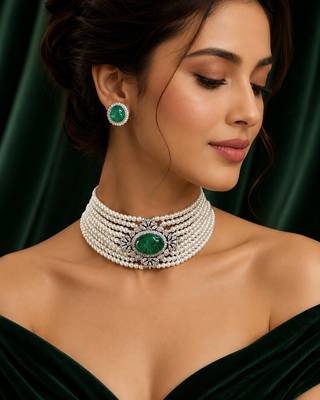 Green emerald style pearl choker necklace set with matching stud earrings, white  jewellery set 3