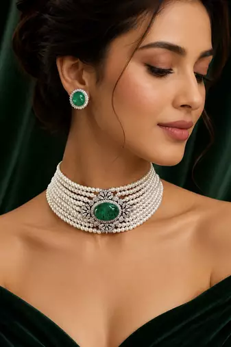 Green emerald style pearl choker necklace set with matching stud earrings, white  jewellery set