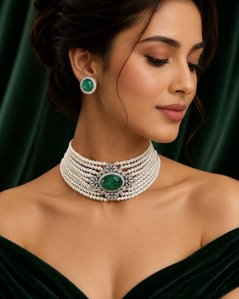 Green emerald style pearl choker necklace set with matching stud earrings, white  jewellery set