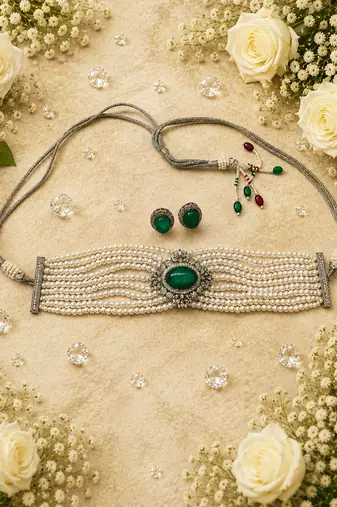 Green emerald style pearl choker necklace set with matching stud earrings, white  jewellery set