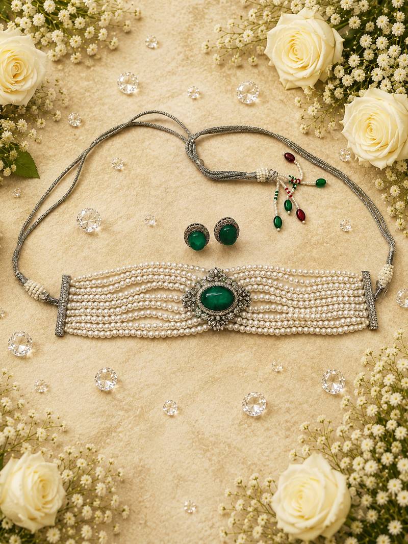 Green emerald style pearl choker necklace set with matching stud earrings, white  jewellery set