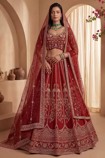 Red Embroidered Gadhwal Silk Blend Semi Stitched Blouse Suit