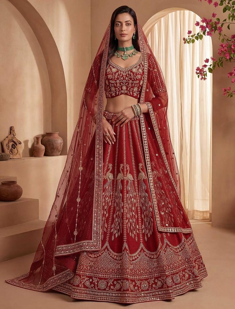 Red Embroidered Gadhwal Silk Blend Semi Stitched Blouse Suit