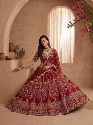 Red Embroidered Gadhwal Silk Blend Semi Stitched Blouse Suit 2
