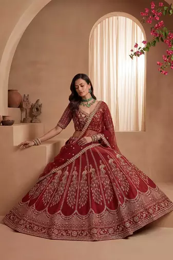 Red Embroidered Gadhwal Silk Blend Semi Stitched Blouse Suit