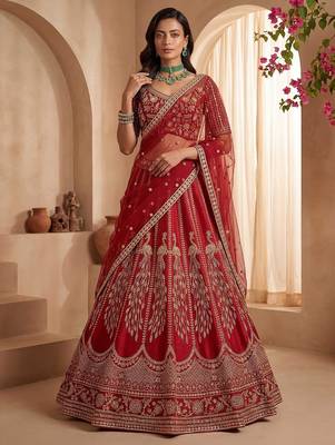 Red Embroidered Gadhwal Silk Blend Semi Stitched Blouse Suit 3