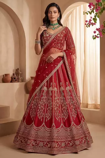 Red Embroidered Gadhwal Silk Blend Semi Stitched Blouse Suit