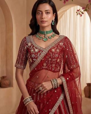 Red Embroidered Gadhwal Silk Blend Semi Stitched Blouse Suit 4