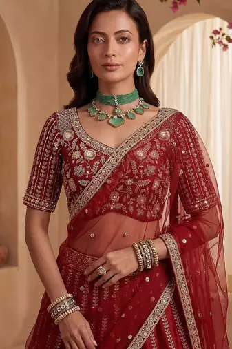 Red Embroidered Gadhwal Silk Blend Semi Stitched Blouse Suit