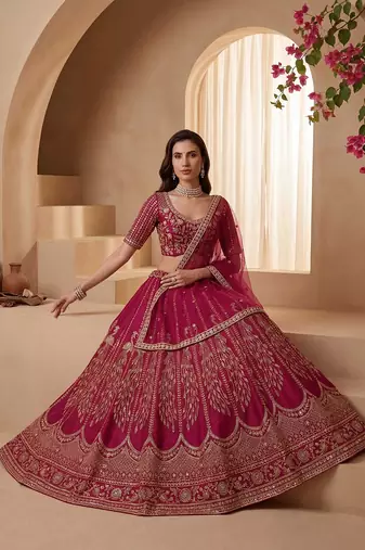 Pink Embroidered Gadhwal Silk Blend Semi Stitched Blouse Suit