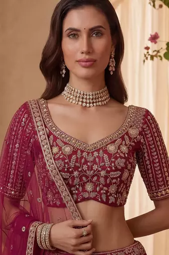 Pink Embroidered Gadhwal Silk Blend Semi Stitched Blouse Suit