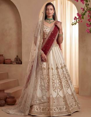 Off White Embroidered Gadhwal Silk Blend Semi Stitched Blouse Suit 1